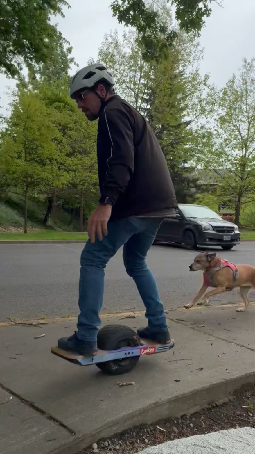 Victor running a working dog by onewheel in Southern Oregon